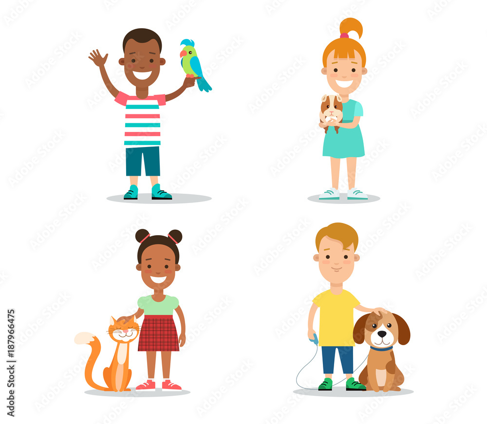 Children pets flat character vector set. Kids animals: cat, dog Children pets flat character vector set. Kids animals: cat, dog