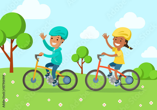 Flat children riding bicycle bike at park vector illustration