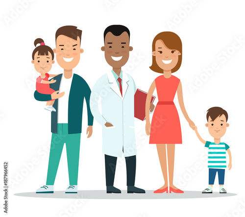 Flat Family children doctor vector characters. Parents kids