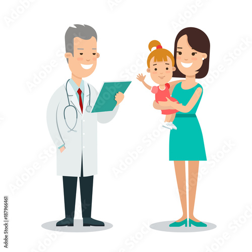 Flat children Family doctor vector characters. Mother and child