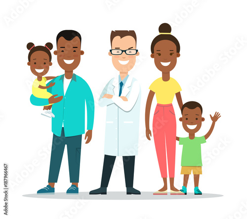 Flat Family children doctor vector characters. Parents kids