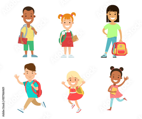 Happy children flat character vector set. Kids education
