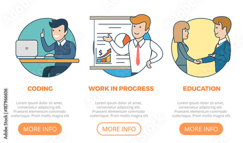 Linear flat page web design template vector. Business team