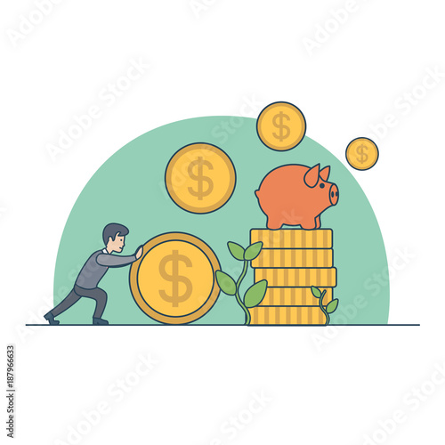 Money invest flat linear vector. Businessman rolling dollar coin