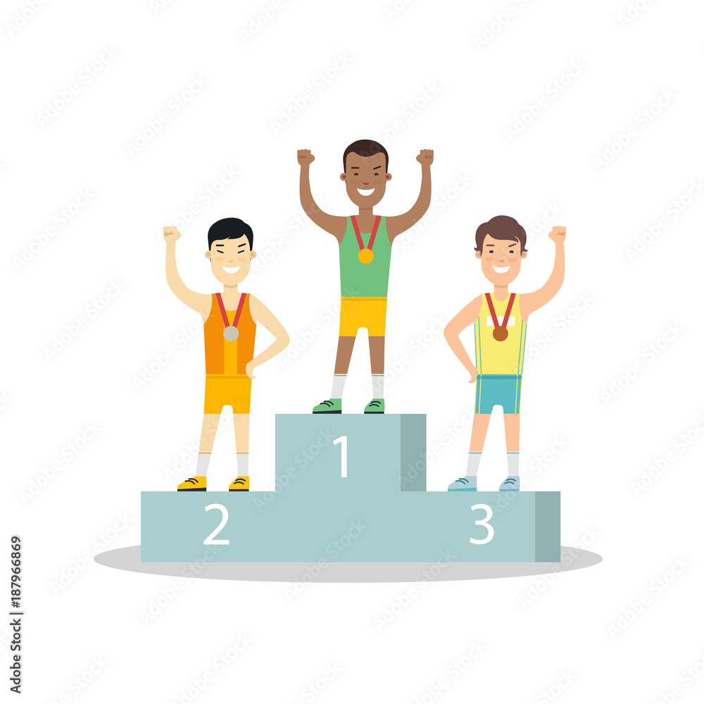Flat winner athletes pedestal vector Sportsman Flat winner athletes pedestal vector Sportsman