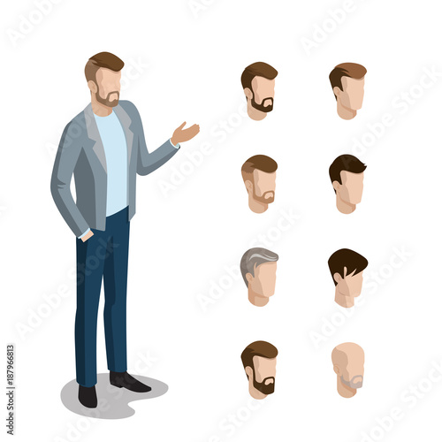 Flat isometric head face types man hair style constructor vector