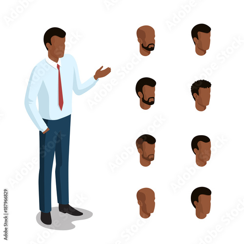 Flat isometric head face types man hair style constructor vector