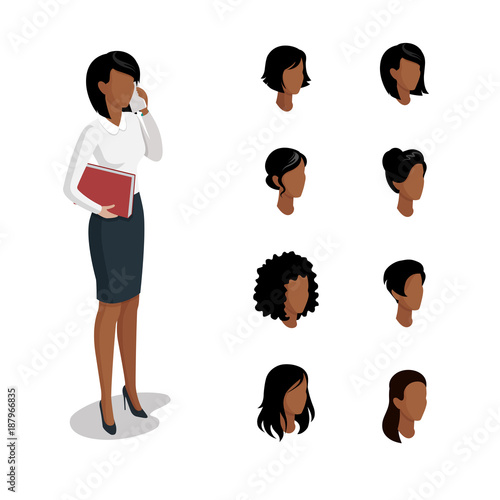 Flat isometric head face types woman hair style constructor vector