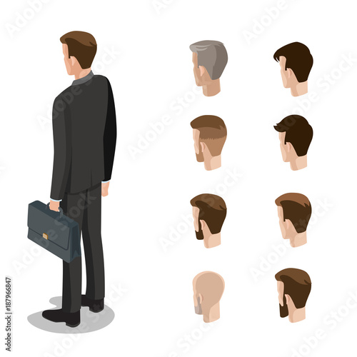 Flat isometric head face types man hair style constructor vector