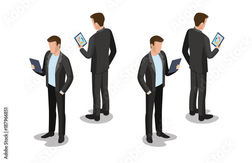 Flat isometric business Businessman tablet character vector