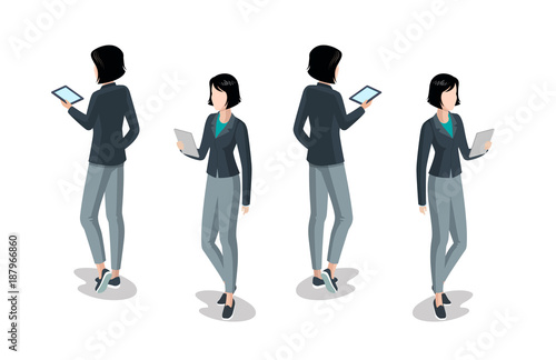 Flat isometric business casual woman tablet character vector