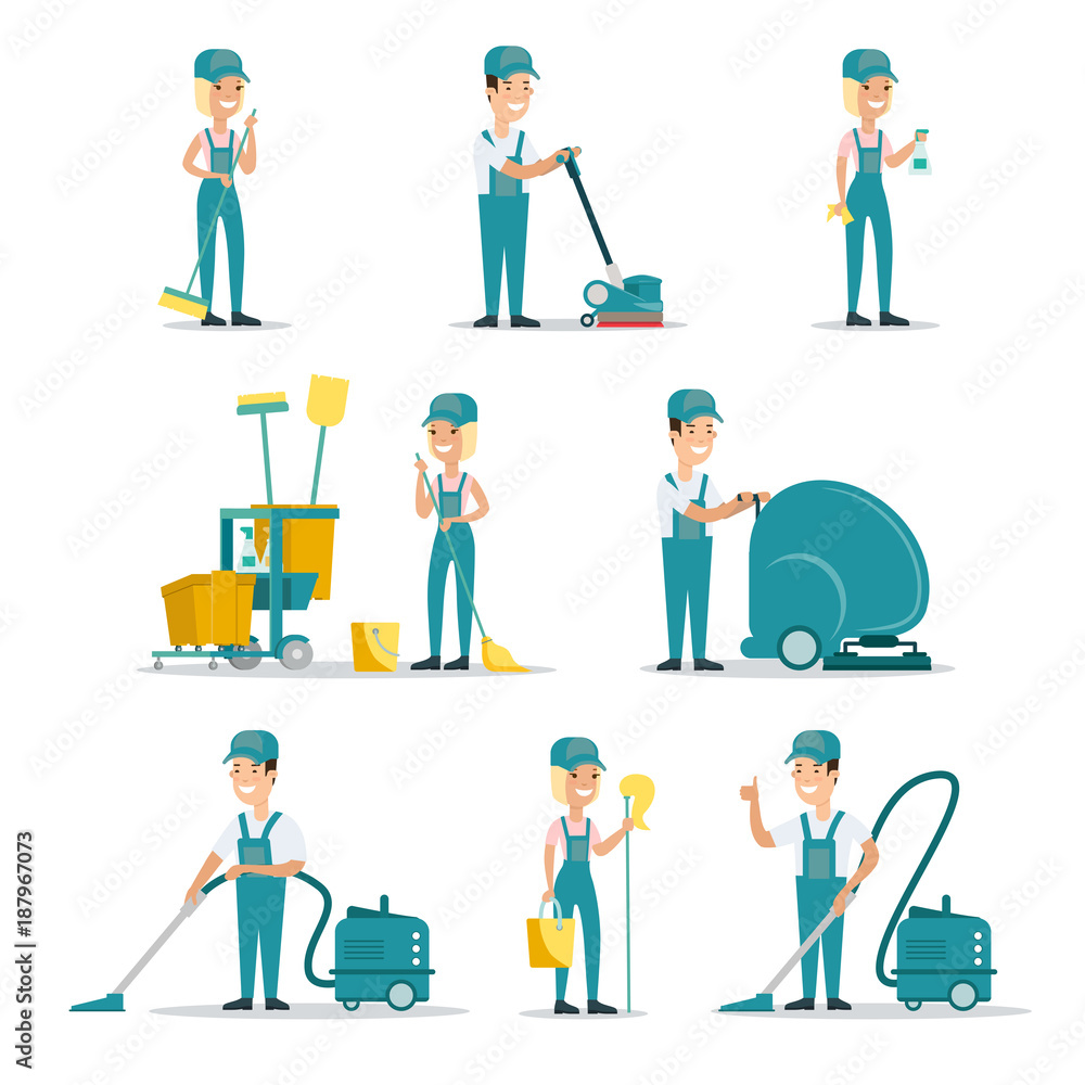 Professional cleaning service people cleaner flat vector icons