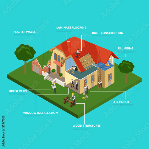 House construction flat vector isometric: project, repair worker