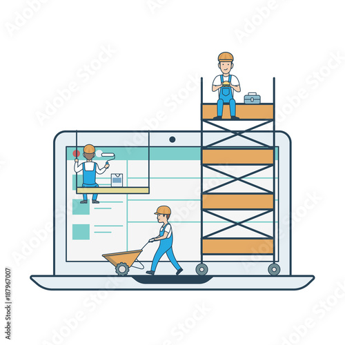 Flat linear webdesign development vector. Micro people laptop