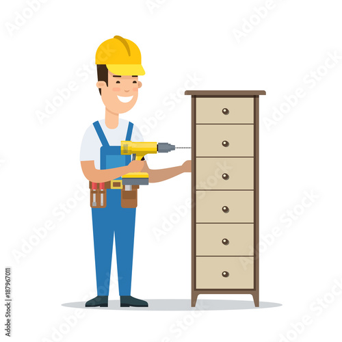 Builder furniture assembler construction worker flat vector
