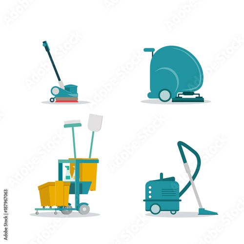 Professional cleaning service tolls equipment flat vector icons