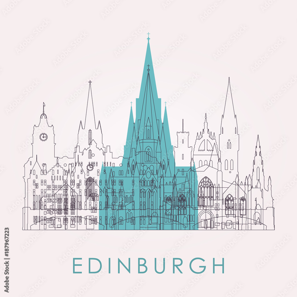 Outline Edinburgh skyline with landmarks. Vector illustration. Business travel and tourism concept with historic buildings. Image for presentation, banner, placard and web site. Outline Edinburgh skyline with landmarks. Vector illustration. Business travel and tourism concept with historic buildings. Image for presentation, banner, placard and web site.