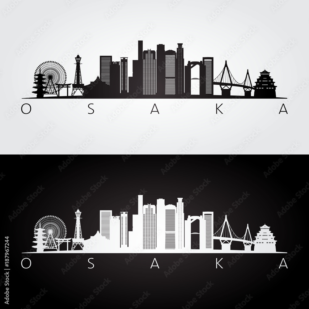 Naklejka premium Panoramę Osaki i zabytki sylwetka, czarno-biały design, ilustracji wektorowych.