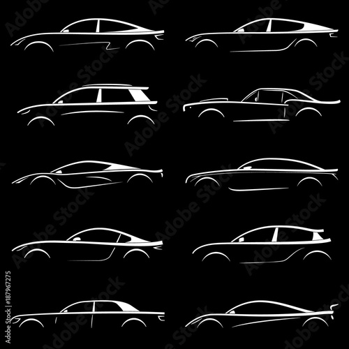 Set of white silhouette car on black background. Vector illustration. photo