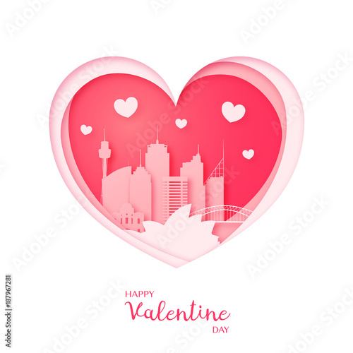 Valentines card. Paper cut heart and the city Sydney. Happy Valentine day. Vector illustration.