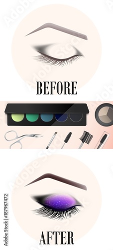 Design of eyebrows and make-up. The closed female eye before and after a make-up. A curved female eyebrow and long eyelashes. Eyelash extension, eye shine and eyebrow tattoo.