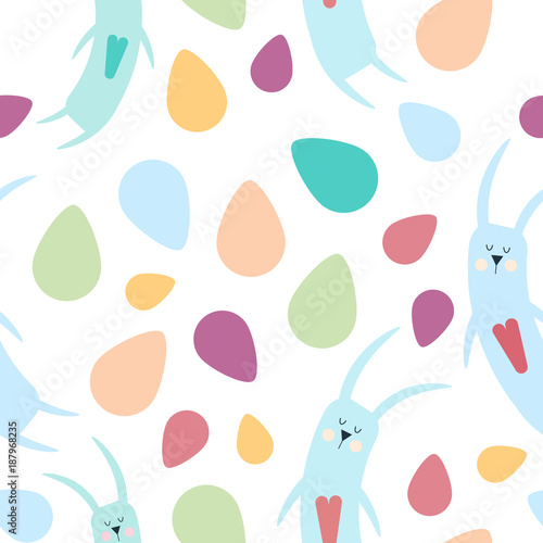 Seamless pattern. Easter background from colorful bunnies and eggs. Cartoon illustration. Vector.