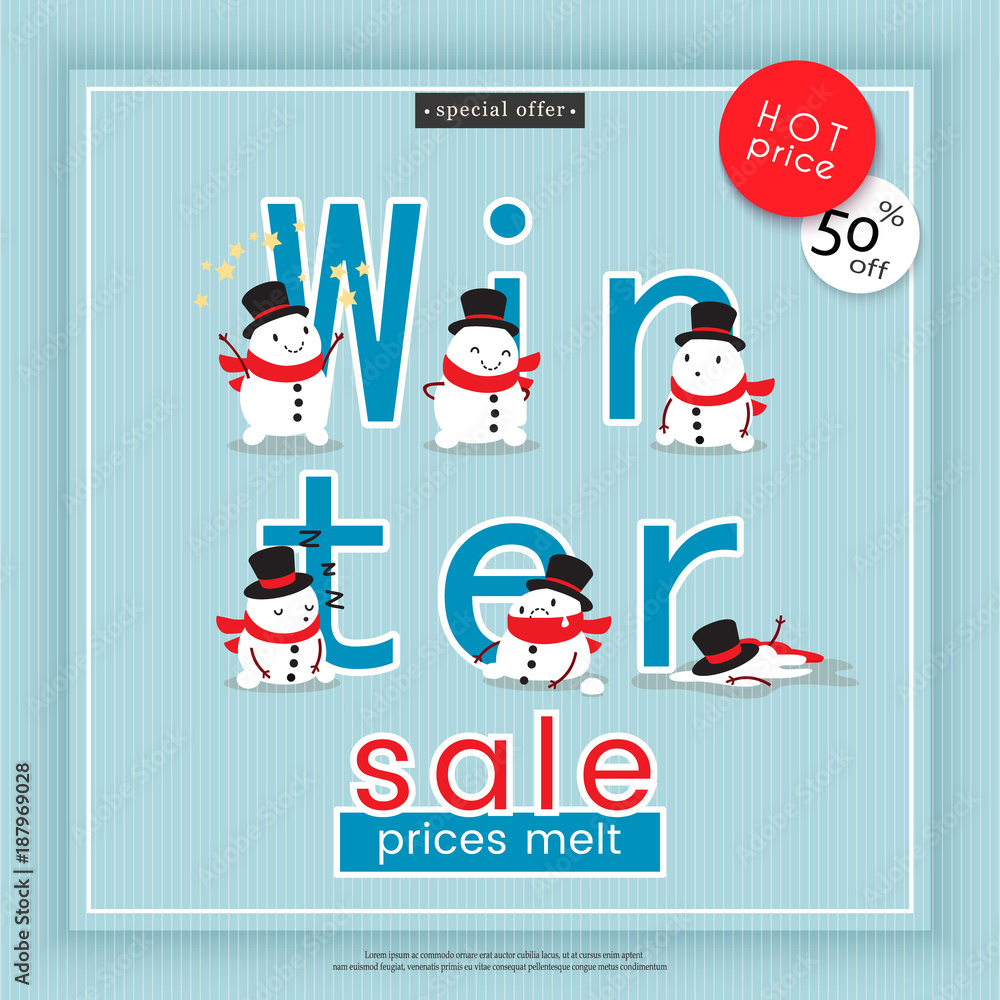 Winter sale. Prices melt. Creative advertising banner illustrated with melting snowmen. Vector illustration