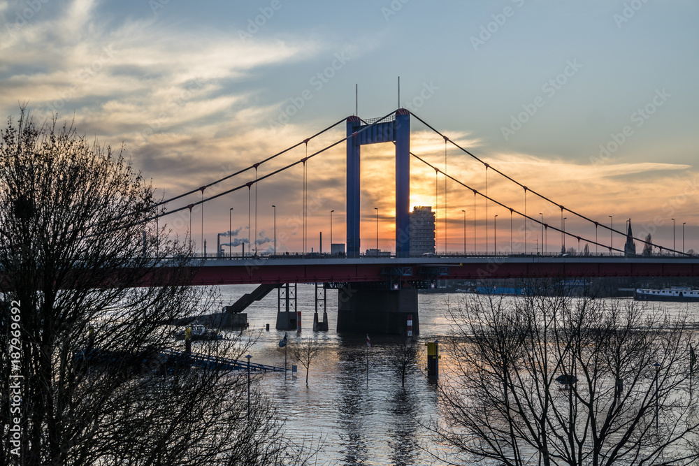 The river Rhine is flooding the Muehlenweide of the city of Duisburg