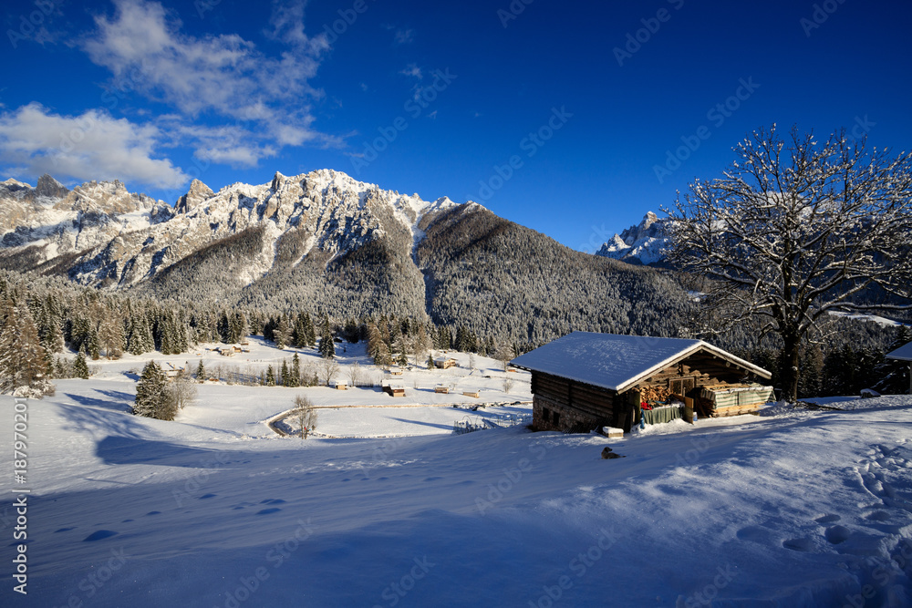 panorama invernale da Piereni in Val Canali, nel parco naturale di Paneveggio - Trentino panorama invernale da Piereni in Val Canali, nel parco naturale di Paneveggio - Trentino