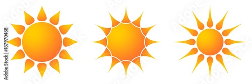 Sonne und Sonnenstrahlen als Vektor, Cartoon und smiley in 3 Varianten auf einem weißen isolierten Hintergrund