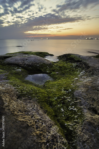 Rocks with seaweeds as sunrise against a vibrant yellow and orange cloudy sky