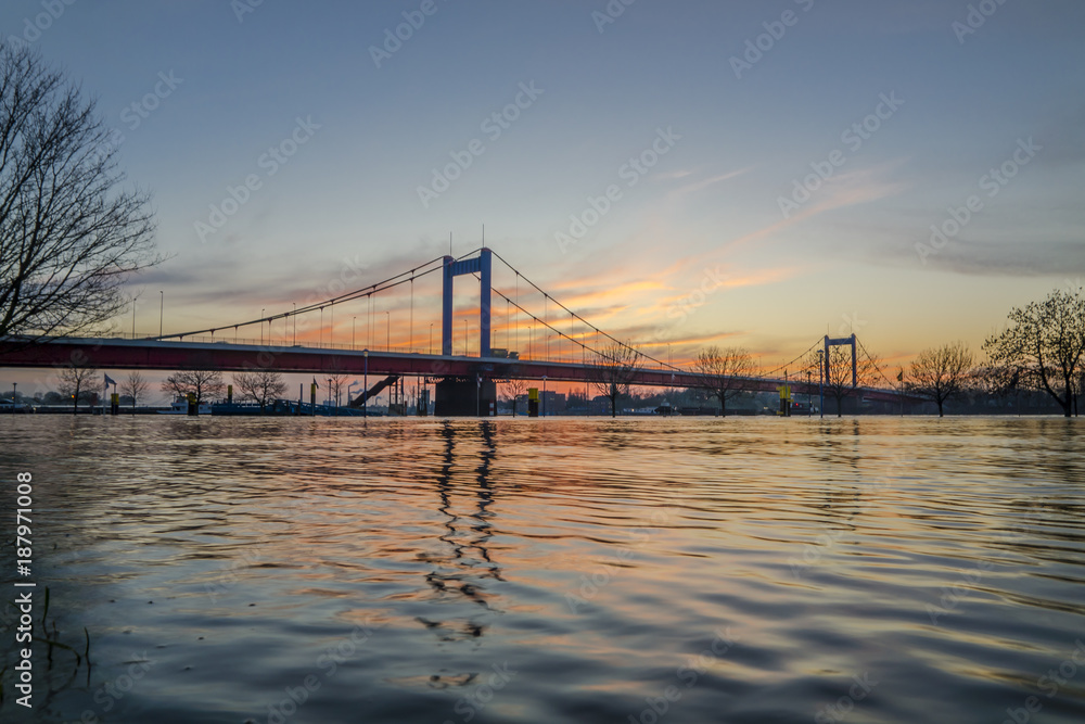 Obraz premium The river Rhine is flooding the Muehlenweide of the city of Duisburg