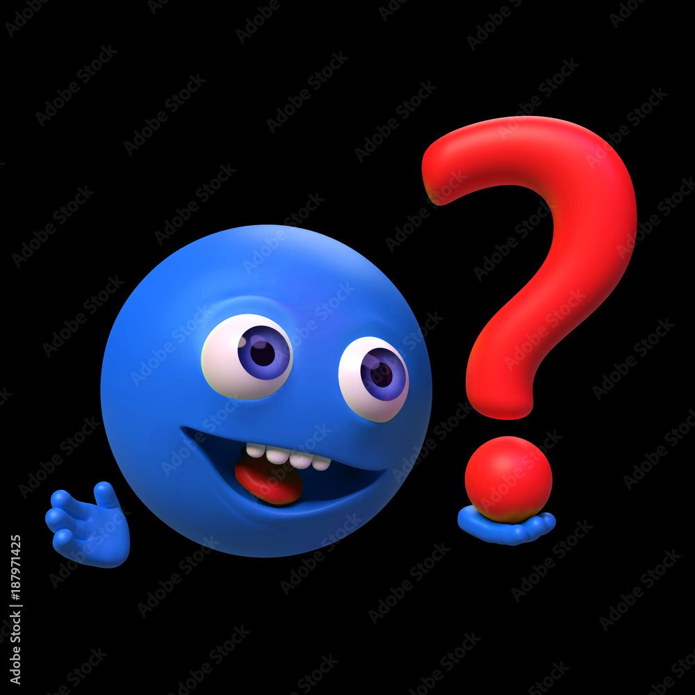 excited funny 3d cartoon character holding a red question mark (3d render  isolated on black background) Stock Illustration | Adobe Stock