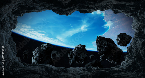 Fototapeta Naklejka Na Ścianę i Meble -  Asteroids flying close to planet Earth 3D rendering elements of this image furnished by NASA