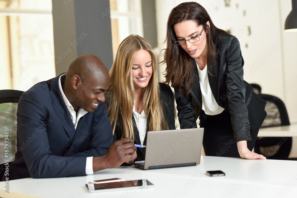 Multi-ethnic group of three businesspeople meeting in a modern office. Multi-ethnic group of three businesspeople meeting in a modern office.