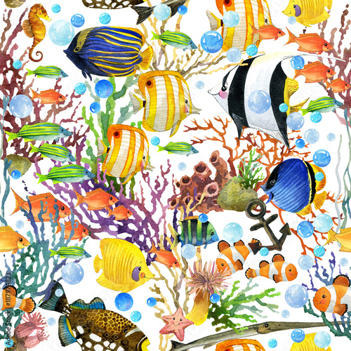 Naklejka wzór koralowy rafa. podwodny świat tło. ryby morskie kreskówka akwarela ilustracja.