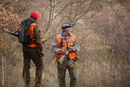 Slika na platnu hunters with dogs hunting a bird woodcock