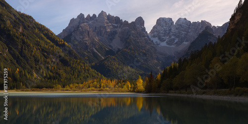 Mountains above the lake Lago di Landro in the fall, Dolomites, Italy