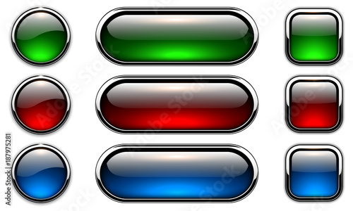 Glossy buttons set with metallic, chrome elements, red blue green