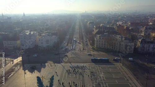 Budapest, Hungary - Aerial drone footage of famous Heroes' square and Andrassy street at sunset photo
