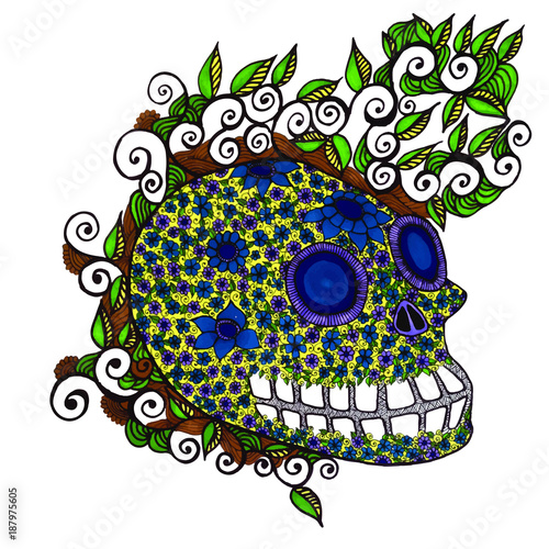 Mexican Sugar Skull yeloww and blue flowers photo