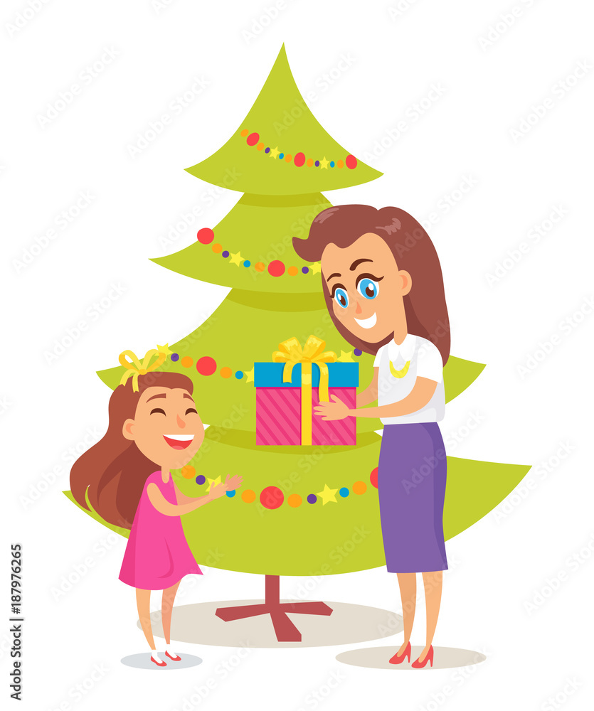 Vector Illustration Parent Giving Present to Child Vector Illustration Parent Giving Present to Child