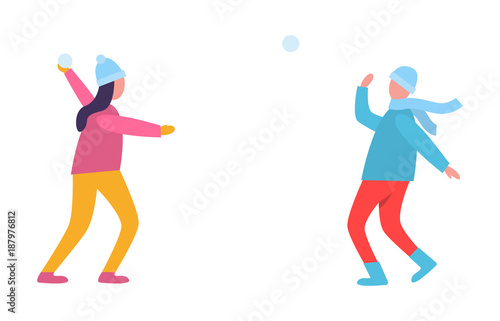 Young People Playing Snowballs Vector Illustration