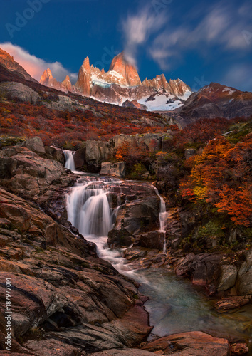 Autumn in Fitzroy mountain, Beautiful waterfall, Southern Patagonia, on the border between Argentina and Chile.