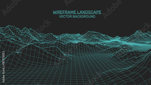 Abstract landscape background. Mesh structure. Polygonal wireframe background. 3d technology vector illustration
