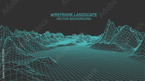 Abstract landscape background. Mesh structure. Polygonal wireframe background. 3d technology vector illustration photo