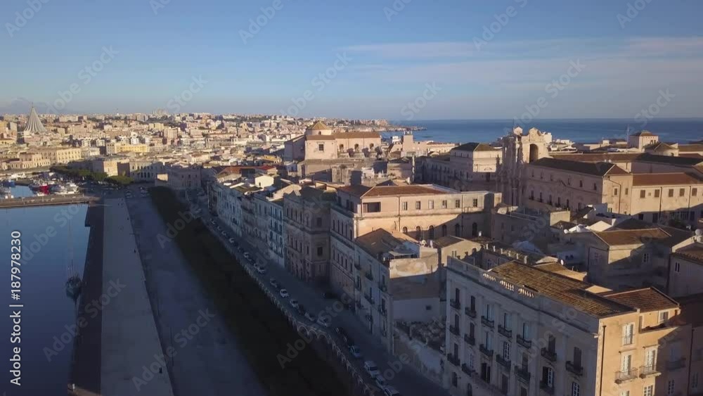 day flying over Ortygia shoreline towards mainland day flying over Ortygia shoreline towards mainland