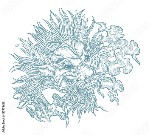 Hand drawn asian dragon head. Vector illustration traditional Chinese dragon mask. Detailed design for print engraved