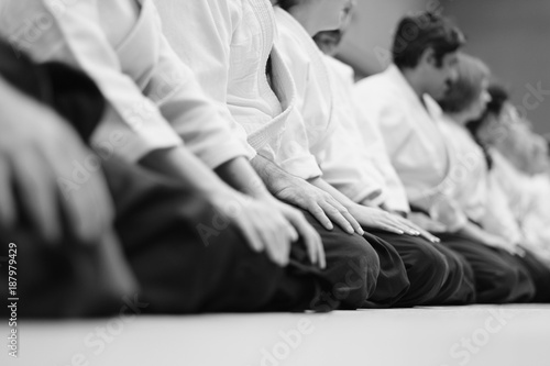 Sensei students sitting in a row on the mat at a seminar on aikido photo