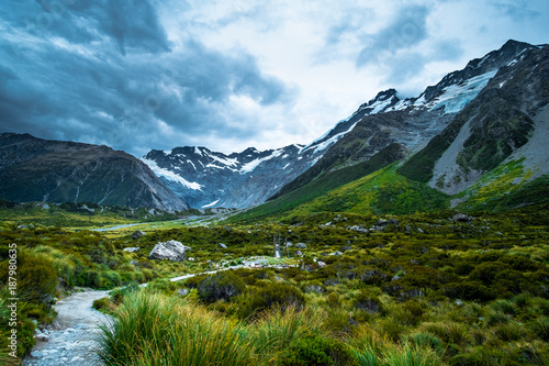 Beautiful scene of Mt Cook and environment while trek on Hook Valley Track. New Zealand.